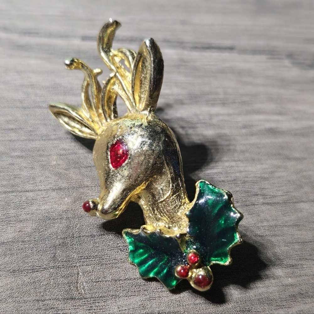 Gold Reindeer Brooch with Green and Red Accents